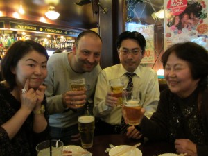 Mina, Andy, Ryugo and Uchiyama-san enjoy Friday night beers.